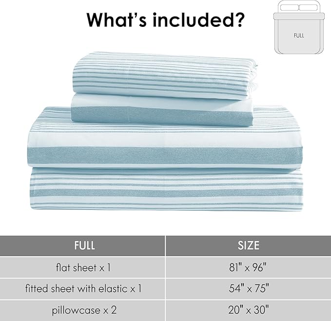 ClevaHome Classic Stripe Sheet Set - 4 Pieces Super Soft & Breathable Bed Sheet Set with Deep Pocket, Enhanced Comfort & Easy Care (Full, Glacier Stripe)