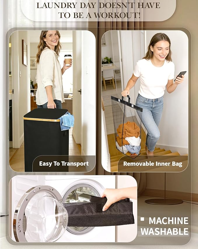 Laundry Hamper with Wheels, 75L Large Clothes Hamper with Removable Inner Bag, Collapsible Dirty Clothes Basket for Dorm, Rolling Dirty Clothes Basket for, Bedroom, Bathroom, Laundry Room - Image 4