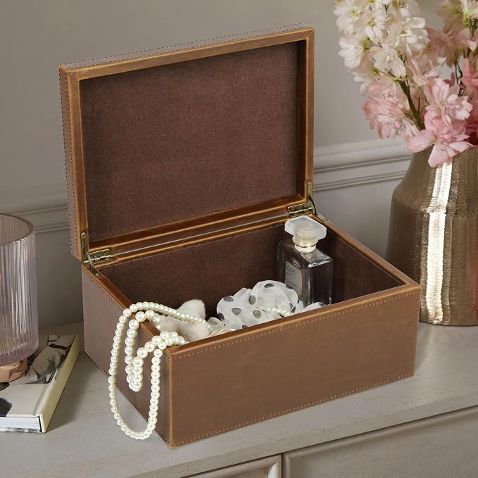 HofferRuffer Faux Leather Decorative Box, Large Wooden Structure Keepsake Box Accessory Organizer Jewelry Organizer with Hinged Lid, Storage Container for Home or Office (Brown) - Image 4