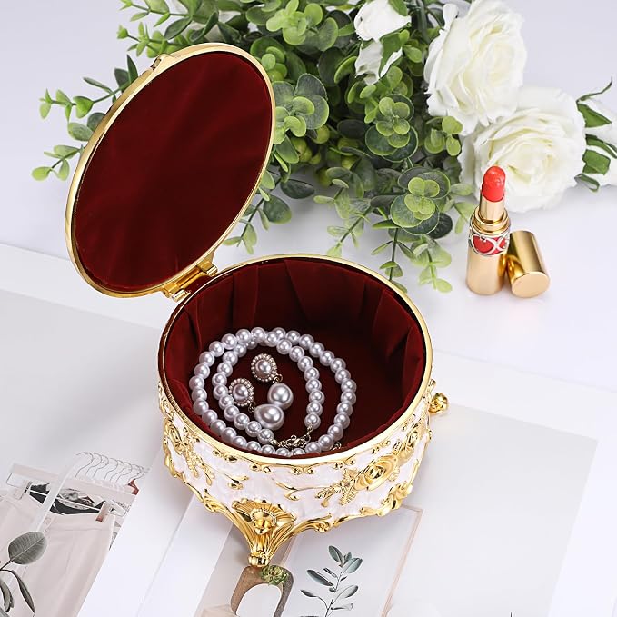 Hipiwe Round Jewery Box Metal Trinket Organizer Decorative Keepsake Box for Trrasure Ring Earring Holder Vintage Jewelry Display Case, Beige, 5.7" L x 5.1" W x 3.5" H - Image 4