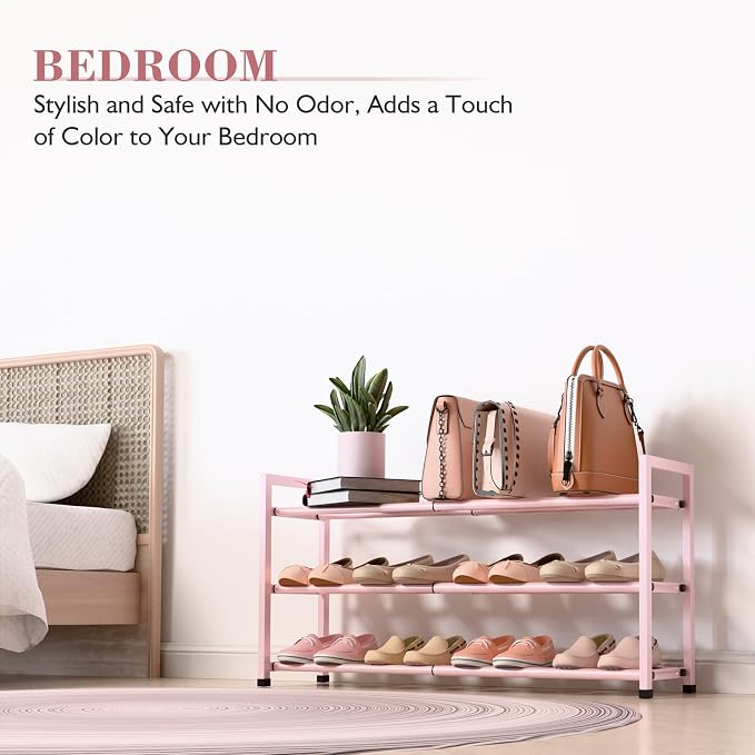 Bumusty 3-Tier Expandable Shoe Rack for Closet, 18“-33” Adjustable Shoe Rack for Small Space, Small Shoe Organizer for Front Door, Sturdy Metal, Pink - Image 6