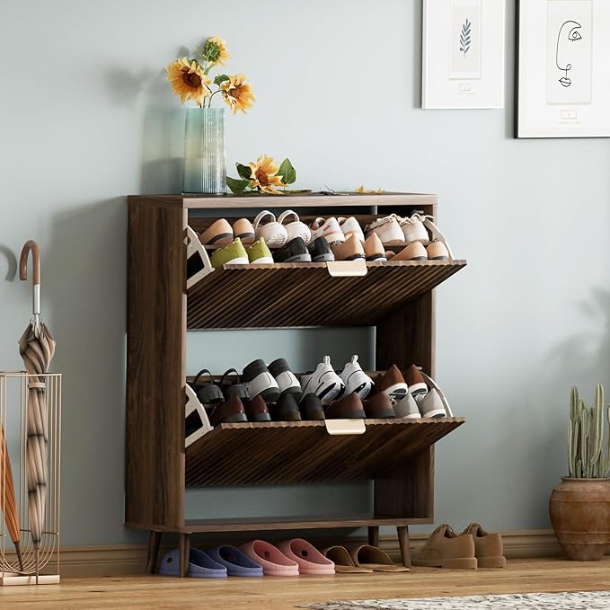 Shoe Cabinet Storage, Modern Freestanding Organizer with 2 Flip Drawers, Narrow Shoe Rack for Entryway, Walnut - Image 6