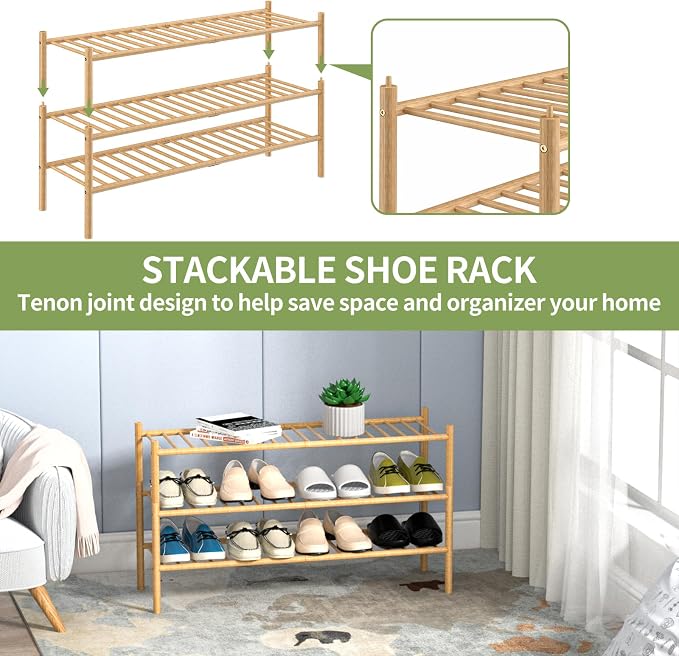 ROMGUAR CRAFT 3-Tier Bamboo Long Shoe Rack, Free Standing Wood Shoe Shelf Storage Organizer for Closet Entryway Stackable 35"x11"x20" (Natural) - Image 6