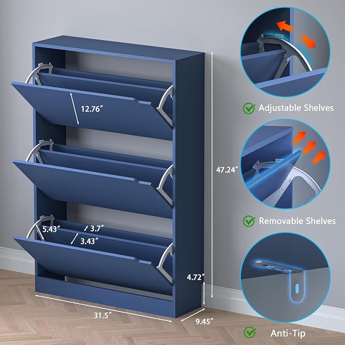 BORNOON Shoe Cabinet with 3 Flip Drawers, Hidden Wood Shoe Cabinet,Freestanding Shoe Storage Cabinet for Entryway Hallway. 47.2" H*31.5" W*9.45" D - Image 2