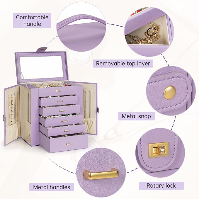 AKOZLIN Extra Large 6-Tier Jewelry Box Organizer Functional Huge, 5 Drawers Leather Jewelry Storage Case for Women Girls Ring Necklace Earring Bracelet Holder Organizer with Mirror Violet - Image 4
