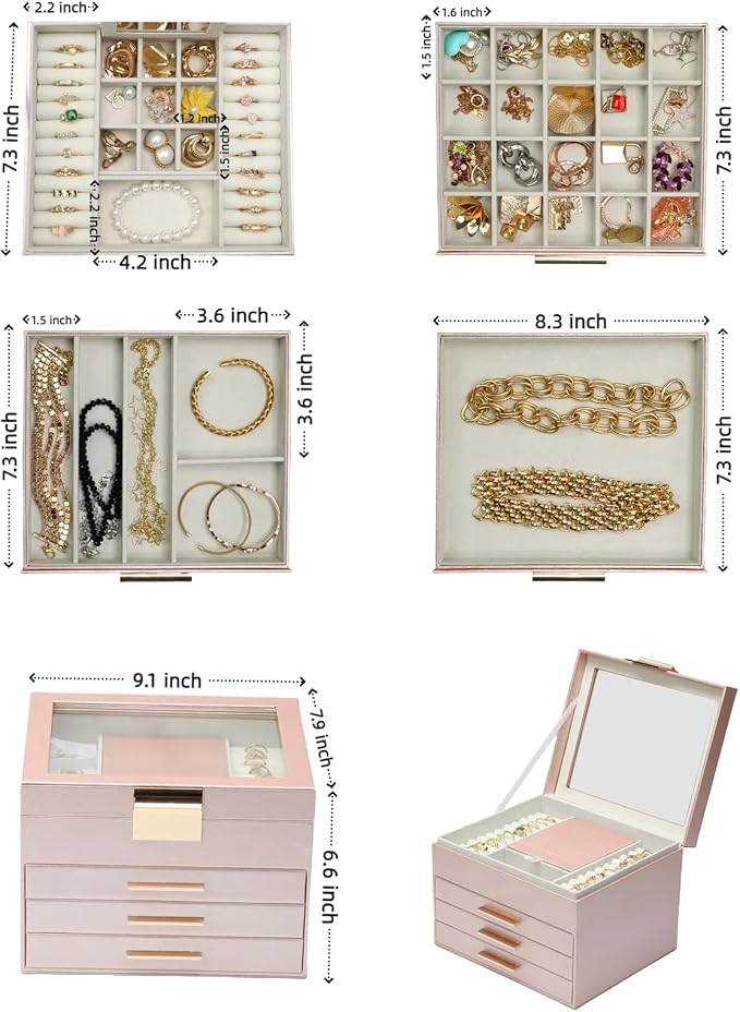 BOOVO Clear Lid Jewelry Box,3 Layers Jewelry Organizer Large Jewelry Storage Box with 2 Drawers,Jewelry Holder Organzier of Rings Earrings Necklace Bracelets for Women (Rose Gold, 4 Layer) - Image 5