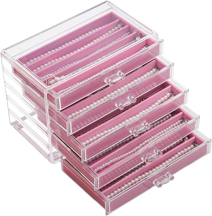 YUFONG Necklace Holder Organizer, Dustproof Necklace Box Velvet Necklace Organizer Box with Lid Clear Acrylic Dustproof Stackable Jewelry Displays for Necklaces Chain Display (Pink, 5 Drawer) by YUFONG