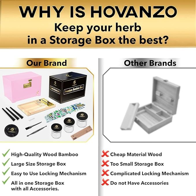 HOVANZO Premium Large Bamboo Storage Box with Removable Tray - Storage Wood Box for Herbs and Accessories - Storage Box Set with Combination Lock - Smell Proof Container with Accessories - Image 2