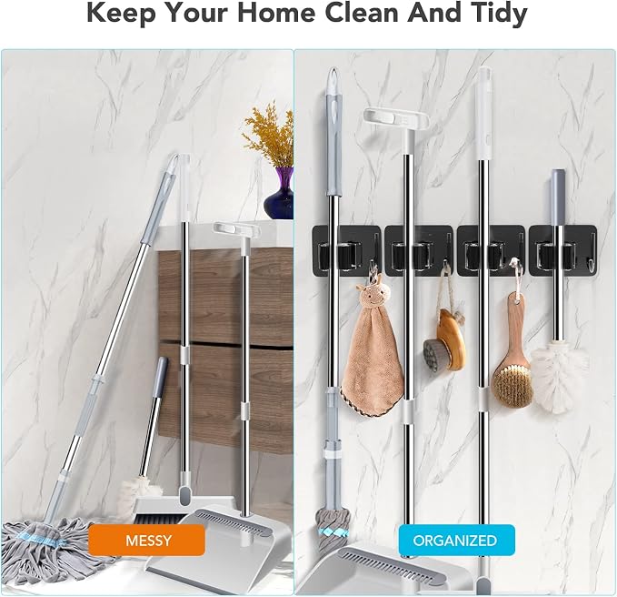 homeasy Mop Broom Holder No Drill, Mop Broom Organizer Wall Mounted Heavy Duty with Hooks Hanger, Self Adhesive Stainless Steel 4Pcs for Bathroom, Kitchen, Office (Multicolor) - Image 3