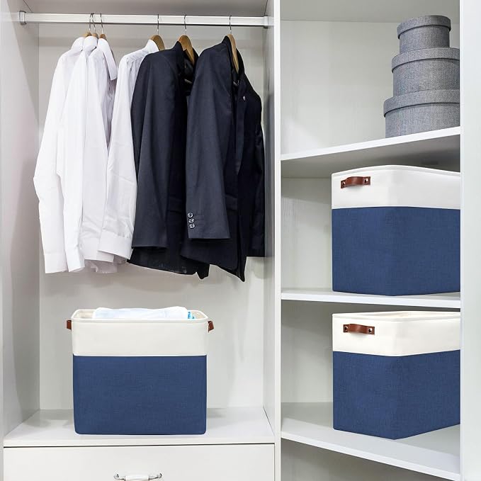 Bagnizer Large Fabric Storage Baskets | 50L Storage Bins, Decorative Linen Closet Baskets with Handles for Organizing, Shelf, Toys, Clothes, Home, Office, Nursery, 17x12x15Inches (Navyblue&White) - Image 2