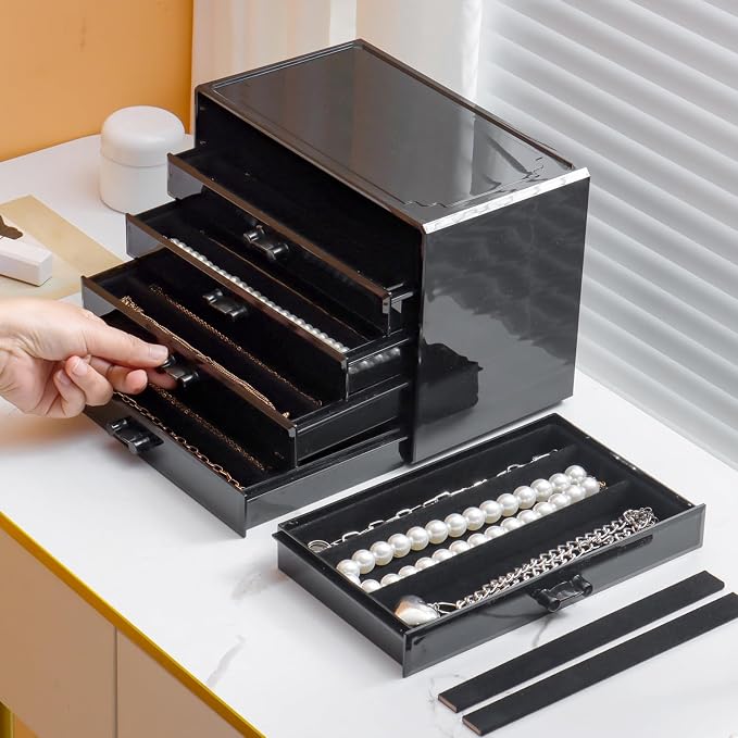 YUFONG Necklace Holder Organizer, Dustproof Necklace Box Velvet Necklace Organizer Box with Lid Clear Acrylic Dustproof Stackable Jewelry Displays for Necklaces Chain Display (Black Black, 5 Drawer) - Image 3