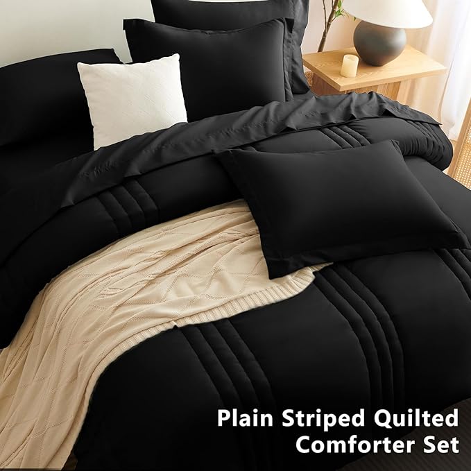 CozyLux Queen Size Comforter Sets - 7 Piece Bed in a Bag Black Comforter Set with Sheets Queen Bed Set All Seasons, Soft Bedding Set with Down Alternative Comforter, Sheets, Pillowcases & Shams