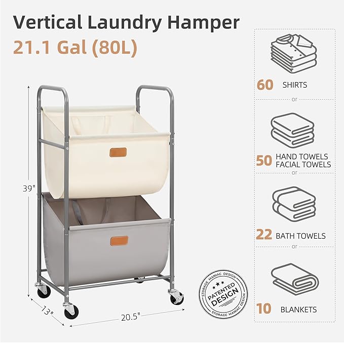 STORAGE MANIAC 80 Liters Vertical Rolling Laundry Hamper, 2 Section Laundry Sorter with Wheels and 2 Breaks, 2-tier Laundry Baskets for Small Space, Dorm, Laundry Room, Closet, Multicolored 2-tier - Image 5