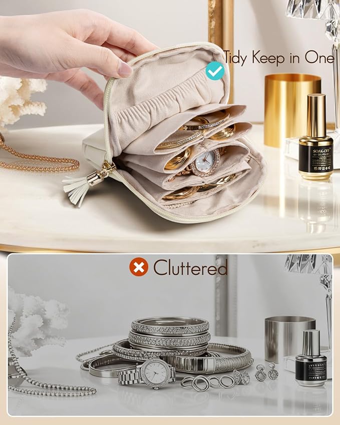VLANDO Mini Jewelry Travel Case, Mothers Day Gifts for Mom, Jewelry Pouch Bags with Zipper, Velvet Jewelry Organizer Storage Bag for Bracelet Rings Earring Travel Essentials-White - Image 6