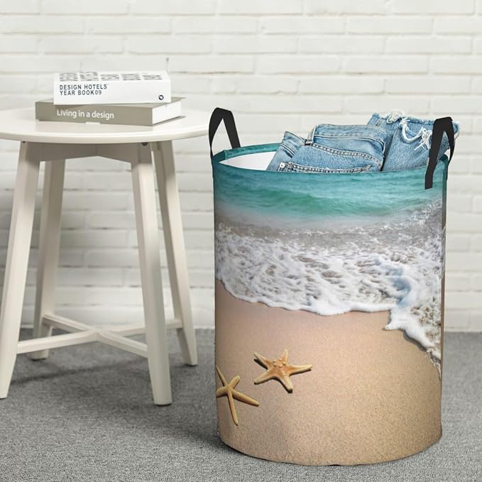 Laundry Basket Beach Starfish Room Decor,Round Laundry Hamper Waterproof Dirty Clothes Hamper Collapsible Laundry Baskets With Handles,Toy/Clothes Storage Beach Towel Basket For Dorm Bathroom Decor - Image 7