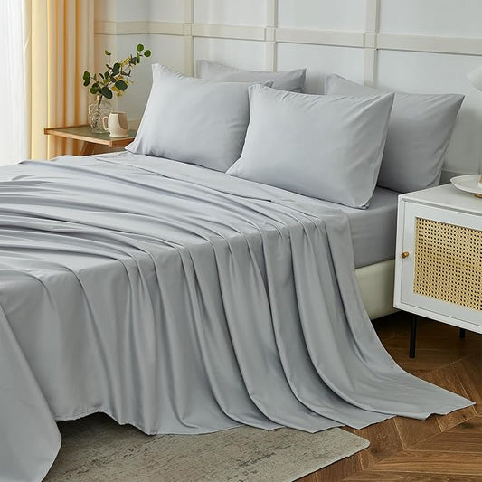 ILAVANDE King Size Sheets Set 6 Piece,Hotel Luxury Super Soft 1800 Series Microfiber Grey Bed Sheets King Set-Wrinkle Free & Breathable-14 Deep Pocket Sheets for King Size Bed(King,Light Grey)