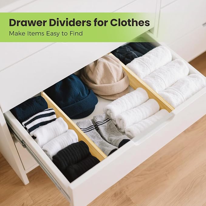 Fyvva Drawer Divider, Adjustable Bamboo Kitchen Drawer Organizer, Spring Loaded Drawer Organizer, Dresser Separators for Kitchen, Bathroom, Clothes, Office Desk Storage (Natural, 4 Pack Large) - Image 6