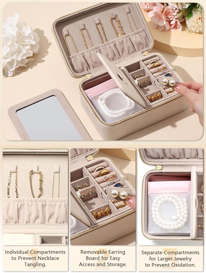 Velvet Travel Jewelry Box with Large Mirror, Double-Layer Jewelry Organizer Case for Women and Girls, Portable Storage Case with 6 Anti-Tarnish Bags Gift Ready for Her (Beige) - Image 3