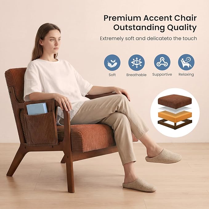 DUMOS Mid Century Modern Accent Chair, Upholstered Armchair with Lumbar Pillow and Solid Wood Frame, Comfy Reading Chair for Small Living Room, Bedroom, Guest Room, Orange