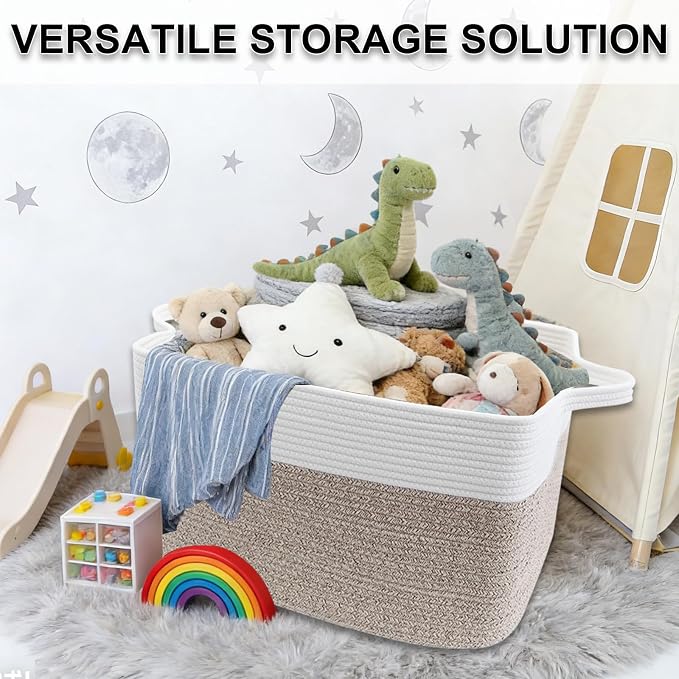 96L Large Blanket Basket,24"x16"x15"Rectangle Storage Bin with Handles,Woven Rope Laundry Basket for Toys, Clothes,Magazines,Home Organization,Nursery,Living Room & Bedroom,White & Brown - Image 8
