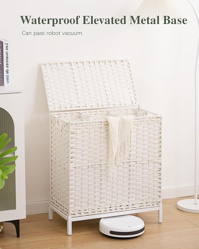 SETVSON Laundry Hamper with Lid 132 L, (35 Gallons) Clothes Hamper with Lid, Handwoven Rattan Laundry Hamper with Metal Heightened Feet, Laundry Hampers with 3 Removable Liner Bags for Laundry-White - Image 2