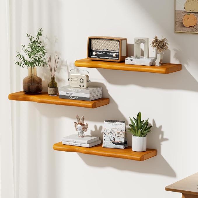Floating Shelves for Wall Rustic Farmhouse 24 Inch Floating Shelf Wooden Shelves for Wall Mounted Live Edge Pine Shelf with Unique Natural Grain for Living Room Bedroom Kitchen (Honey Walnut) - Image 2