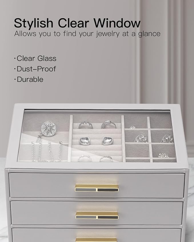 VLANDO Jewelry Box for Women, Glass Lid Jewelry Organizer with 3 Drawers for Necklaces Rings Earrings Bracelets - Grey - Image 4