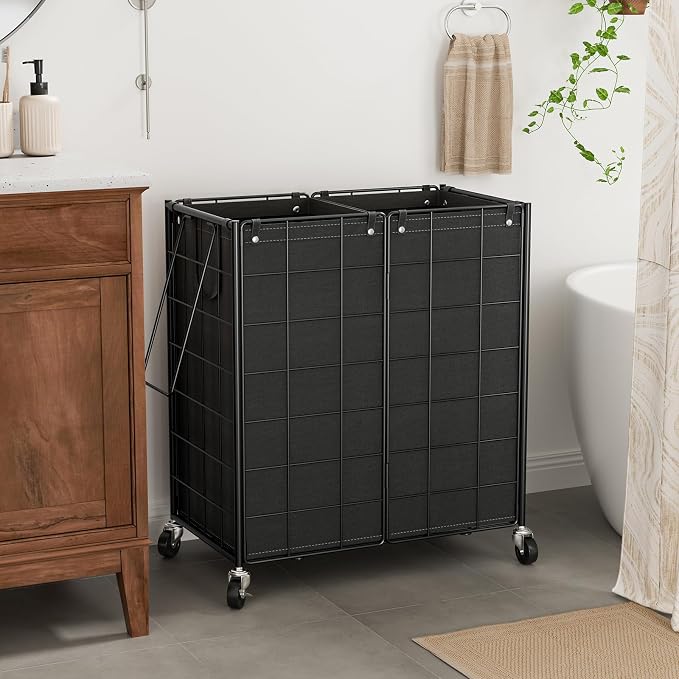 WOWLIVE Double Laundry Hamper with Wheels,Metal Wire Frame Rolling Laundry Basket with 2 Removable bags,120L Dirty Clothes Hamper Organizer Dorm Room Storage for Bedroom,Bathroom,Black - Image 2
