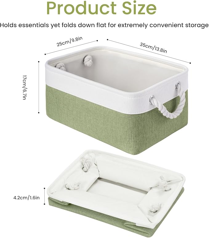 Storage Baskets for Shelves 13.8x9.8x6.7 Inch, Foldable Fabric Storage Bins with Handles, Small Storage Baskets for Organizing Closet, Office, Home Organization (3-Pack, White&Green) - Image 4
