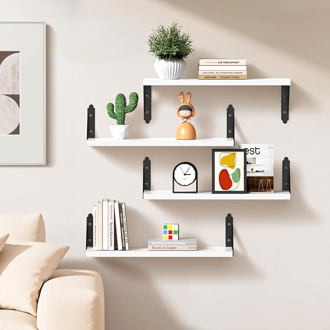 ROMGUAR CRAFT Wood Floating Shelves Set of 4, Rustic Storage Decor Wall Shelves, Wall Mounted Shelf for Living Room, Bedroom 17" x 6", White - Image 2