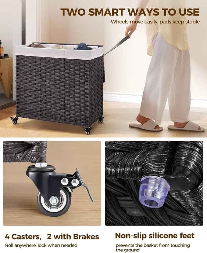 Greenstell Laundry Hamper with Wheels&Lid, 130L Large 3 Sections Clothes Hamper with 2 Types Removable Liner Bags, 5 Mesh Laundry Bags, Handwoven Divided Laundry Basket Black - Image 3