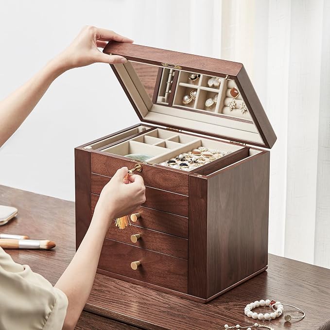 CHOSIN Black Walnut Wooden Jewelry Box for Women with Mirror, 5 Drawers and 2 Side Doors for Watches, Necklaces, Rings, Earrings Storage, Mothers Day Gifts for Mom - Image 7