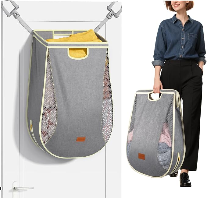 Ligereza Large Capacity Hanging Laundry Hamper Bag,Portable Over The Door Laundry Basket,Breathable Clothes Hamper,for Dormitory/Bathroom/RV Camping 14.5 x 8.6 x 25.5 in (Gray) by Ligereza