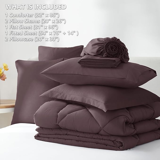CozyLux Full Size Comforter Sets Cocoa Powder - 7 Pieces Bed in a Bag Full, Luxury Soft Bed Set for All Seasons, Bedding Set with Down Alternative Comforter, Sheets, Pillowcases & Shams