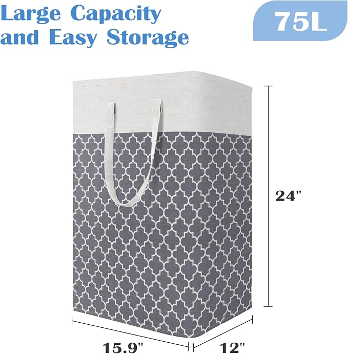 BlissTotes 3-Pack Laundry Basket, Freestanding＆Waterproof Laundry Hamper, Collapsible Tall Clothes Hamper with Easy Carry Handles for Clothes, Towels in the Family and Dorm,Clover Grey,75L - Image 2