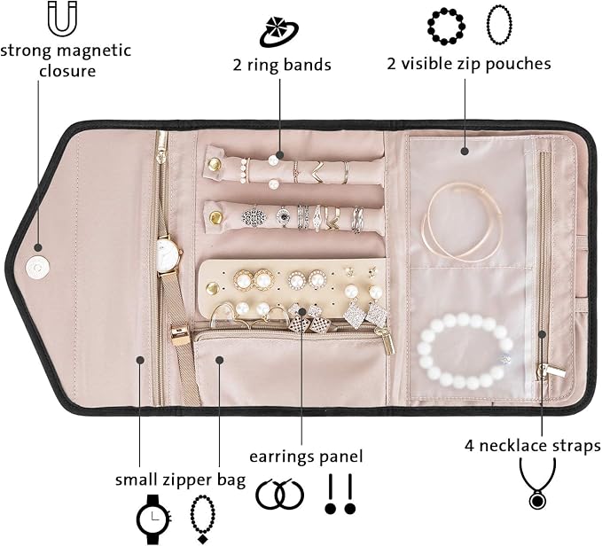BAGSMART Travel Jewelry Organizer Roll Foldable Jewelry Case for Journey-Rings, Necklaces, Bracelets, Earrings, Black - Image 2