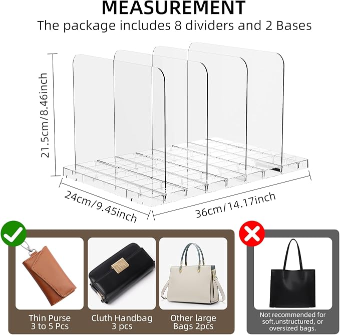 Bag & Purse Organizer for Closet Stackable Acrylic Shelf Dividers for Closet Organization, Clear Handbag Purse Storage Organizer Divider, Keep Clutch, Wallet, Pocketbook Upright, 2 Pack - Image 5
