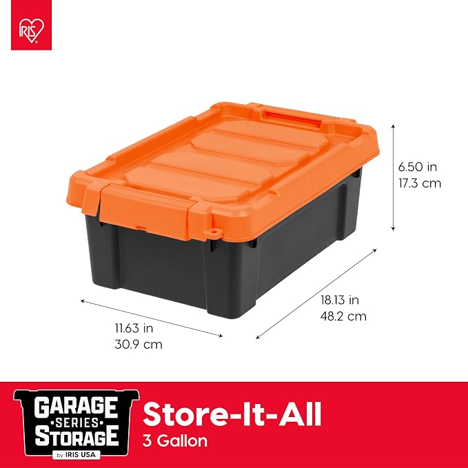 IRIS USA 3 Gallon Lockable Storage Bins with Lids, 5 Pack - Made in USA, Heavy Duty, Stackable Containers, Garage Organizing Bins Moving Tubs, Rugged Sturdy Equipment Utility Box - Black/Orange - Image 2