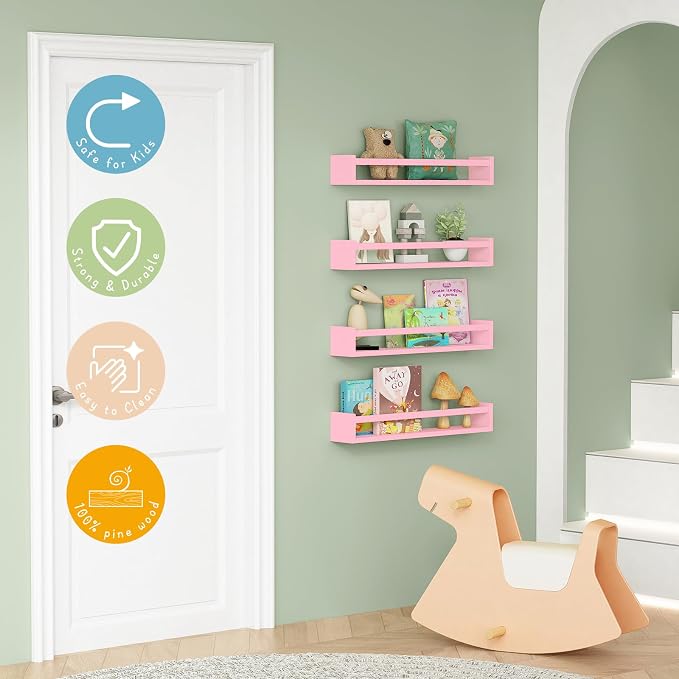 Forbena Large Pink Kids Book Shelves for Girls Room Wall Set of 4, Floating Nursery Book Shelf for Baby Girl Deocr, 24 Inches Long Wall Mounted Bookshelf for Toddler Kid Child Teens Bedroom (Pink) - Image 4