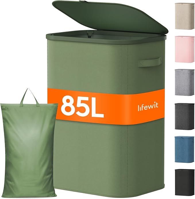 Lifewit 85L Large Laundry Basket with Lid, Laundry Hamper with Plastic Handles and Removable Bag, Foldable Tall Dirty Clothes Hampers for Laundry for Laundry Room, Bedroom, Bathroom, Dorm, Green by Lifewit