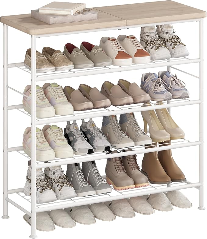 SUOERNUO Shoe Rack Organizer 5 Tier for Closet Entryway Free Standing Metal Storage Shoe Shelf with MDF Top Board，White+Oak by SUOERNUO