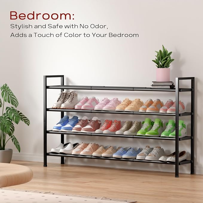 Bumusty 4-Tier Long Expandable Shoe Rack for Closet, 18"-44" Adjustable Shoe Rack for Entryway, 20-24 Pairs Large Shoe Organizer Shelf Storage, Sturdy Metal, Black - Image 5