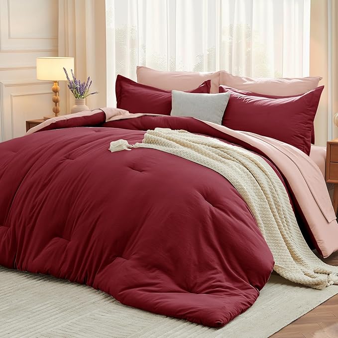 MUXHOMO 7 Pieces Queen Comforter Set, Soft Bed in a Bag Queen Size, All Season Bedding Set with Comforter, Flat Sheet, Fitted Sheet, Pillowcases & Shams, Burgundy & Rose Gold