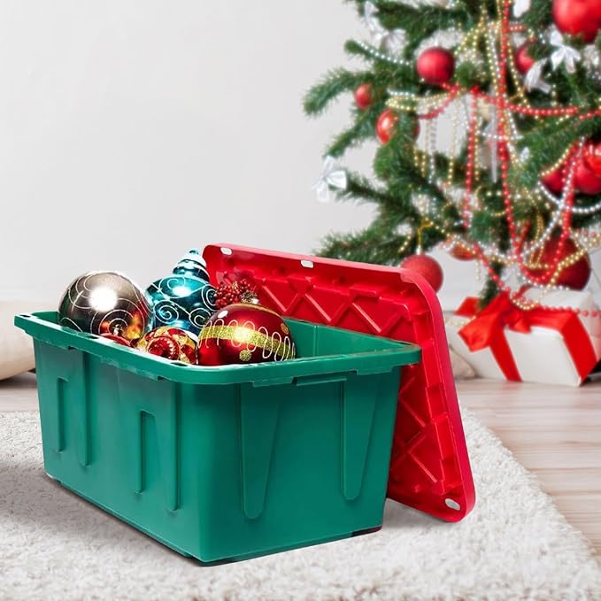 HOMZ 4-Pack Durabilt, Heavy Duty Plastic Storage Bins with Lids, 27 Gallon, Red/Green - Stackable Container Boxes for Holiday, Attic, and Garage Organization - Image 9
