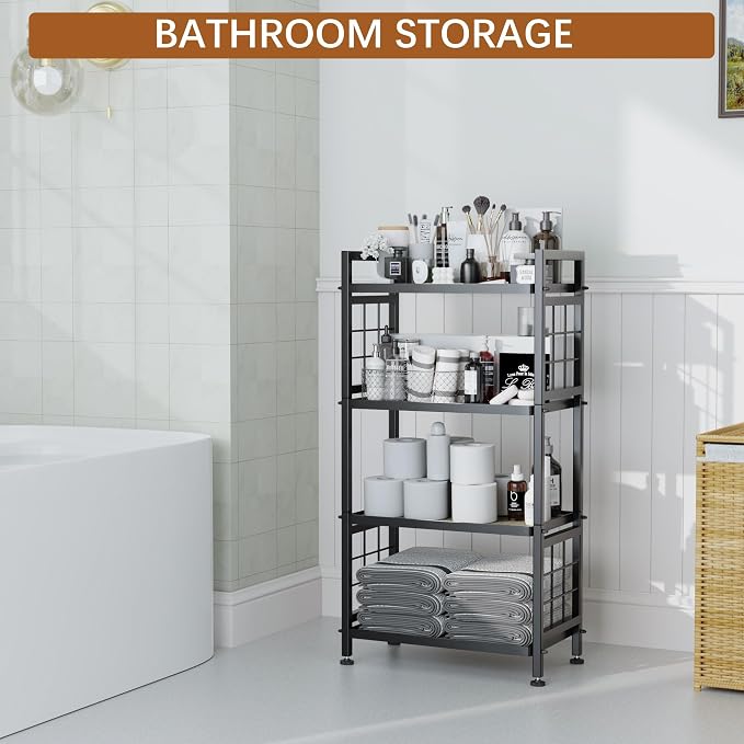 GIOTORENT 4-Tier Pantry Shelves with Wooden Boards, Heavy Duty Storage Shelves & Book Shelf, Adjustable Metal Shelving Unit for Kitchen Bathroom Laundry Organizer, Sturdy Rust-Resistant, Black - Image 6