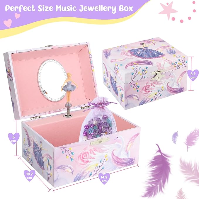 Girls' Musical Jewelry Box Organizer with Jewelry Set - Pink Purple Spinning Ballerina Theme, Swan Lake Tune - Jewelry Storage and Music Box for Girls - Image 4