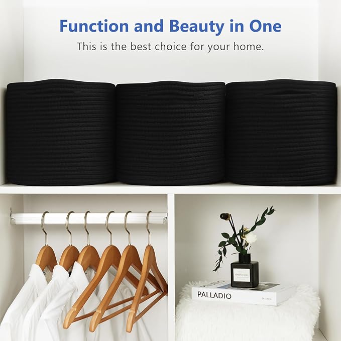 ECDYQXVU Cotton Rope Storage Basket, 15x10x9 Inches, Woven Basket for Shelves, Clothes, Towels, Books, and Laundry, Black (3 Pack) - Image 4