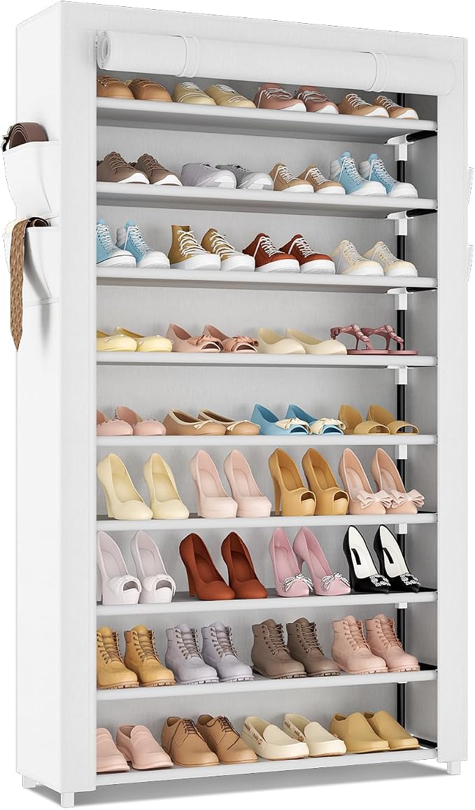 LANTEFUL Shoe Rack with Covers 10 Tier Tall Shoe Rack Organizer Large Capacity Shoe Shelf Storage 40 Pairs Space Saving Free Standing Shoe Storage Organizer for Closet, Entryway, Dorm, White by LANTEFULforTidyingHouse