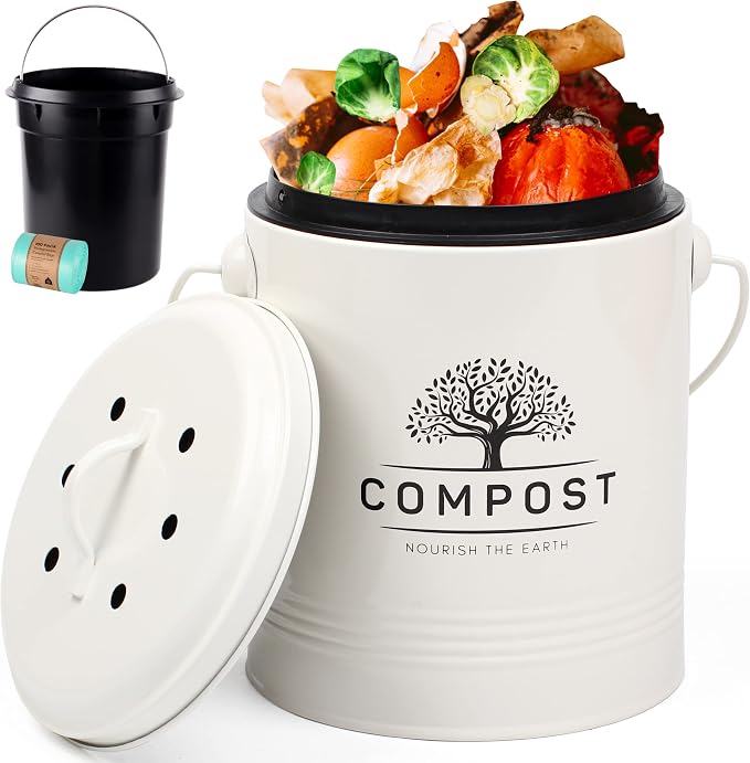 Perfnique Kitchen Compost Bin, 1.3 Gallon Countertop Compost Bin with Lid, Indoor Compost Bucket Includes Inner Bucket Liner and Carbon Filter, Small Compost Bin with Trash Bags (with Bags, Cream) by PERFNIQUE