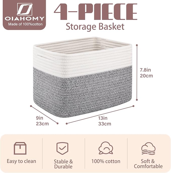 OIAHOMY 4 Pack Storage Baskets for Organizing, Basket for Shelves with Handle, Woven Baskets for Storage Toys, Towels, Books, Cotton Rope Basket 13" L x 9 " W x 7.8 " H, Grey & White - Image 2